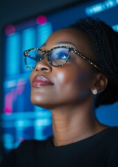 Aufkleber - Tech-Infused Market Analysis African Woman in Modern Workspace with Digital Screens - International Finance Expertise for Business Growth