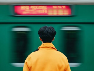 Aufkleber - Efficient Urban Mobility Young Adult in Vibrant Jacket Awaits High-Speed Train with Digital Displays - Smart Transport Solutions and Commuter Innovation