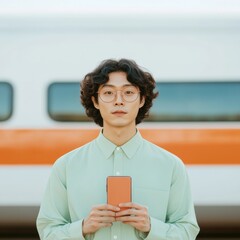 Aufkleber - Tech-Driven Commuting Young Professional in Casual Chic with Smartphone - Real-Time Connectivity and Seamless Travel at High-Speed Train Station