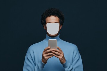 Poster - Futuristic Digital Identity Indian Man, 30s, with Smartphone and Biometric Facial Recognition - Enhancing Mobile Security and Cybersecurity in Modern User Authentication