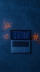 Poster - Sleek Digital Workspace Modern Laptop with Crypto Dashboard and Blockchain Elements - Tech and Business Innovation in Cold-Toned Aesthetic for Financial Security
