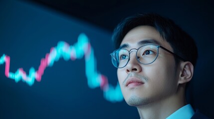 Aufkleber - High-Tech Cryptocurrency Insight South Korean Professional Analyzing Blockchain Data on Digital Screen - Strategic Finance and Market Volatility Solutions