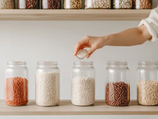 Poster - Minimalist Pantry Organization Glass Jars with Assorted Dried Legumes on Wooden Shelf - Eco-Friendly Kitchen Storage and Sustainable Home Design for Modern Living