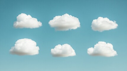 Poster - Minimalist Aesthetic Cloud Six Fluffy White Clouds on Sky Blue Background - Visual Content for Mindfulness Marketing and Travel Industry Inspiration