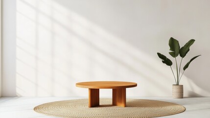 Aufkleber - Minimalist Scandinavian Wooden Coffee Table on Woven Jute Rug - Contemporary Interior Design for Sustainable Living Spaces and Modern Home Aesthetic Trends