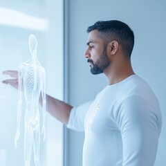 Aufkleber - Desaturated Tech-Enabled Biometric Analysis in Wellness Facility South Asian Consultant Examines Data on Glass Display - Advanced Health Innovation and Modern Wellbeing Sensors