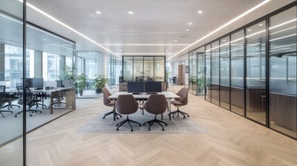 Poster - Modern Office Interior Design with Glass Partitions and Hardwood Floor