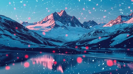 Poster - Snowy Mountain Range Reflecting In A Calm Lake At Dusk