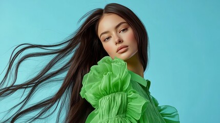 Poster - Woman with long dark hair wearing a green dress