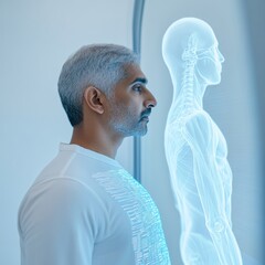 Aufkleber - Contemporary Digital Health Oasis South Asian Wellness Consultant Analyzing Biometric Data on Glass Display - Tech-Integrated Health Innovation with Sensor-Enhanced Furniture