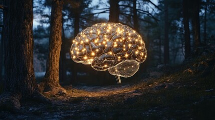 Poster - Illuminated Brain Hovers in a Dark Forest Setting