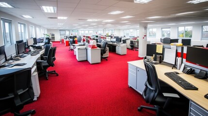 Poster - Modern Office Workspace with Red Carpet and Multiple Computers
