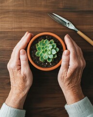 Poster - Succulent Planting Aesthetic Hands-on Terracotta Potting on Rustic Wood for Urban Gardening - Eco-Friendly Home Decor and Minimalist Digital Marketing
