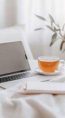 Aufkleber - Scandinavian Minimalist Telehealth Interface Laptop and Tea in Bright Home Office - Enhancing Digital Health Communication for Modern Remote Healthcare Solutions