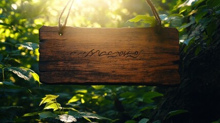 Poster - Wooden Sign Hanging In Lush Green Forest