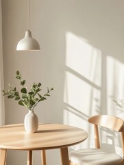 Poster - Minimalist Dining Decor Round Wooden Table and Upholstered Chairs with Greenery Centerpiece - Sustainable Interior Design for Modern Real Estate and Eco-Friendly Living