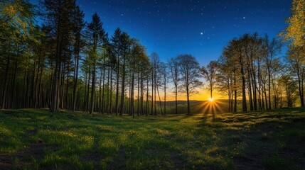 Poster - Sunset Over Forest Meadow With Starry Night Sky
