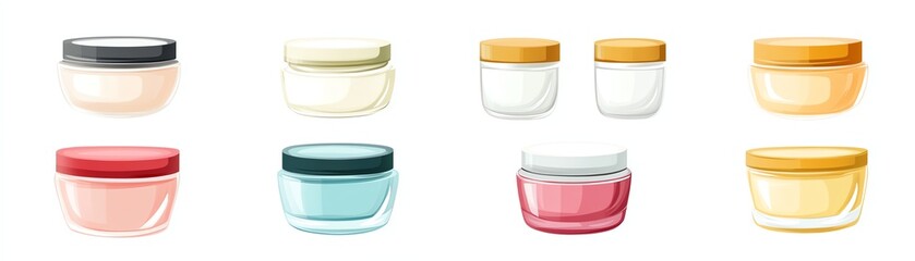 Collection of colorful cosmetic jars, white isolated background.