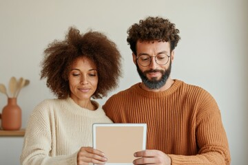 Aufkleber - Cozy Digital Finance Review Mixed-Race Couple in Modern Knitwear Using Budgeting App on Tablet - Personal Finance and Collaborative Tech for Home Management