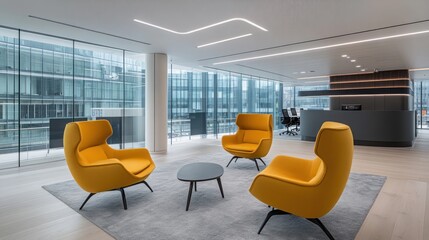 Poster - Modern Office Lounge with Yellow Chairs and City View
