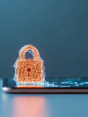 Leinwandbilder - Cybersecurity Emblem Neon Digital Lock on Cracked Tablet - Futuristic Tech Aesthetic for Online Privacy Campaigns and Secure Tech Business Solutions