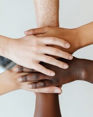 Aufkleber - Contemporary Inclusivity Diverse Hands in Unity Over Sleek Office Workspace - Fostering Multicultural Team Synergy and Innovation in Modern Business Environments