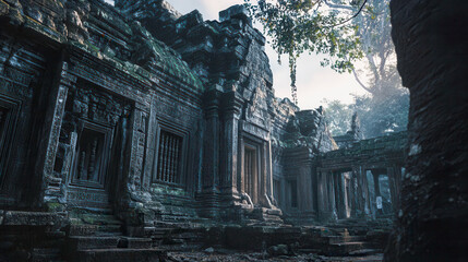 historic ruins illuminated by soft twilight lighting showcasing ancient architecture and remnants of