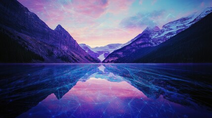 Poster - Serene Mountain Lake Reflects Digital Network At Dawn