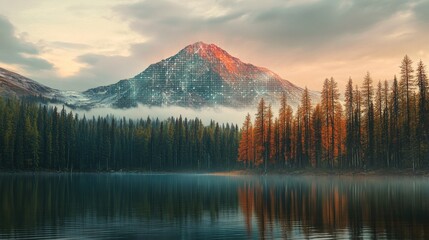 Poster - Mountain Lake Autumn Forest Digital Overlay