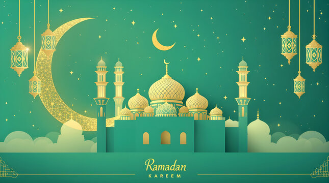  Ramadan kareem celebration with calligraphy of mosque moon concept.