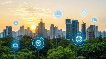 Poster - Smart City Skyline Sunrise Showing Technological Integration