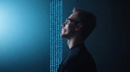 Leinwandbilder - Futuristic Tech Silhouette Thoughtful Man with Digital Binary Code Overlays - Innovation in AI Content and Business Intelligence Marketing