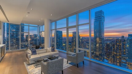 Poster - Modern apartment living room with city sunset view