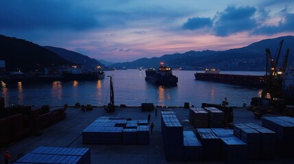 Poster - Cargo Ships at Dusk in a Mountainous Harbor