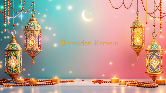 Ramadan kareem background  Flat design gold lantern, moon.
