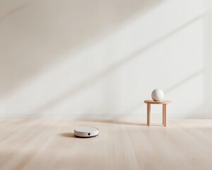 Poster - Scandi Minimalist Smart Living Robotic Vacuum on Blonde Wood Floor with Tablet Interface - Modern Home Automation and IoT for Urban Minimalism