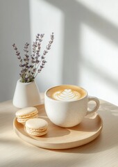 Aufkleber - Pastel Cafe Scenes Ceramic Latte, Macarons and Lavender on Wood - Modern Lifestyle Content and Urban Culinary Aesthetics