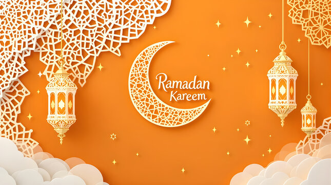 Ramadan kareem background Flat design orange lantern, orange moon.