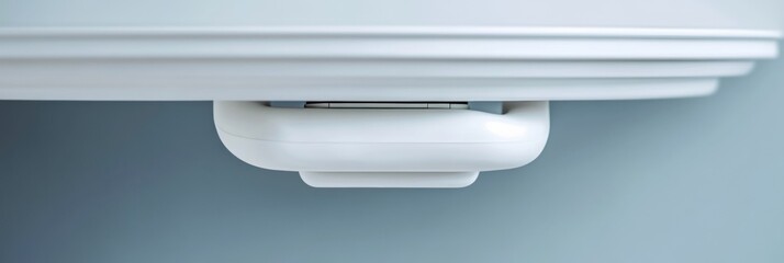 Fototapete - Sleek Minimalist Cable Management Streamlined White Enclosure Under Desk - Enhancing Functional Design and Clean Aesthetics for Modern Workspaces