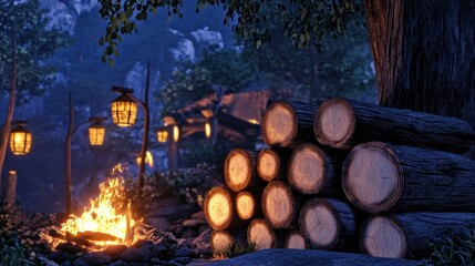 Poster - Campfire Scene with Logs and Illuminated Lanterns at Night