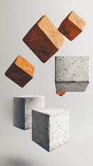 Poster - Floating Concrete and Wooden Cubes Abstract Composition
