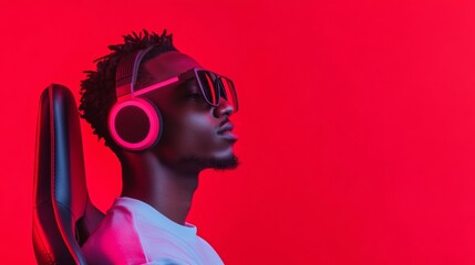 Aufkleber - Dynamic Tech Immersion Black Male Gamer in High-Tech RGB Chair with Triple Monitor Setup - Modern Gaming Focus and Startup Innovation for Digital Strategy Enhancement