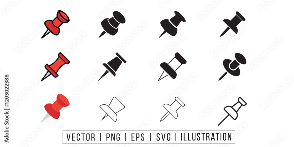 Push pin icon set in black and red color solid outline flat style ...