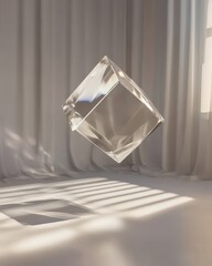 Poster - Floating Glass Cube in Sunlit Room with Curtains