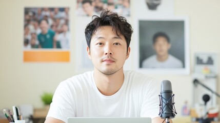 Aufkleber - Urban Home-Office for Amateur Sports Broadcasting Korean Male Presenter with Sports Memorabilia and Interactive Streaming Setup - Creative Content for Digital Sports Media