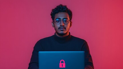 Fototapete - Cybersecurity Concept Young Man with Laptop, Padlock Icon Displayed - Digital Protection, Secure Interface, Modern Cyber Safety Solutions for Personal and Business Applications
