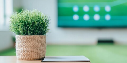 Aufkleber - Contemporary Sports Blogging Space Textured Plant and Notepad Near Streaming Screen - Engaging Visuals for Amateur Journalism and Digital Sports Analysis