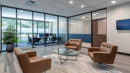 Poster - Modern Office Waiting Area with Glass Walls and Leather Seating