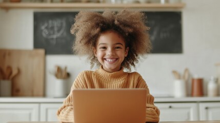 Leinwandbilder - Interactive E-Learning Experience Young Latina Girl Engaging with Stylus-Pen on Laptop in Cozy Kitchen - Child-Focused Digital Education for Remote Learning Innovations