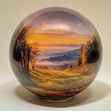 Colorful landscape sphere capturing serene sunset over hills and trees.